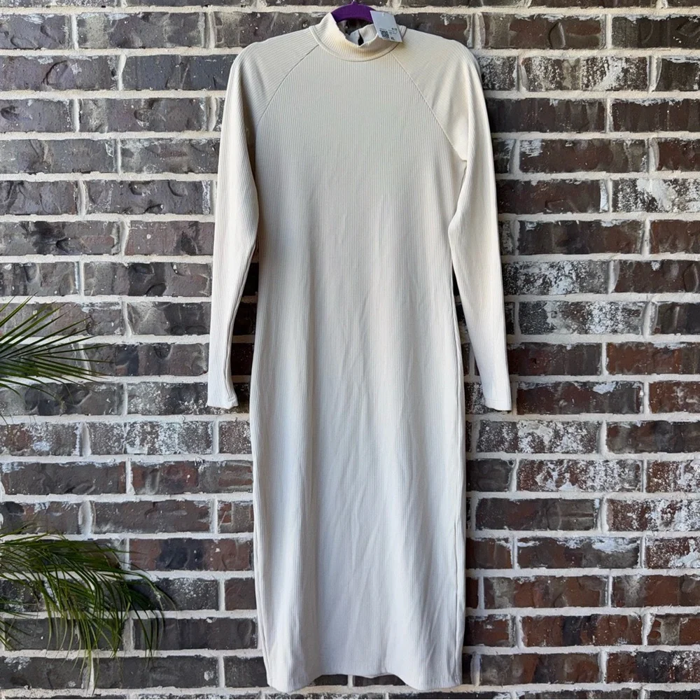 NWT Forever 21 Beige Ribbed Knit Keyhole Mock Neck Long Sleeve Midi Dress sz XL